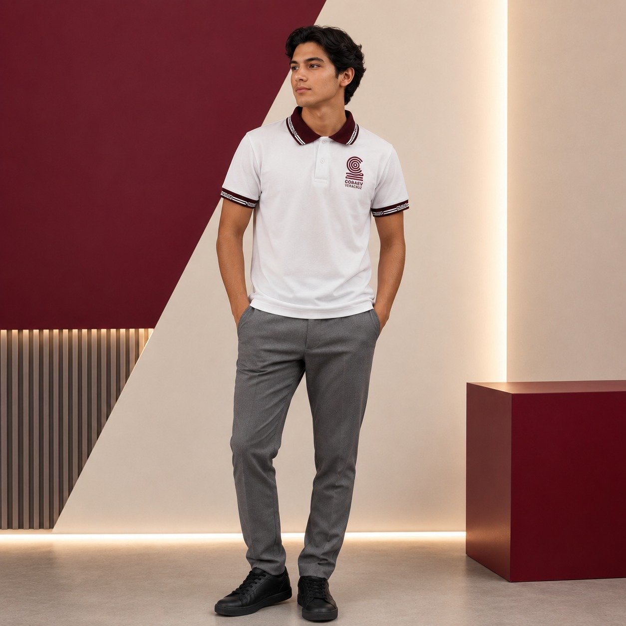 Estudiante con polo blanco y pantalón gris del uniforme COBAEV